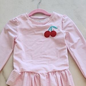 Girls Pink Stripe Cherry Peplum Dress